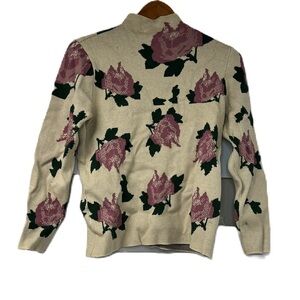 Society 22 woman’s m floral beige pink green mock neck sweater top business fun